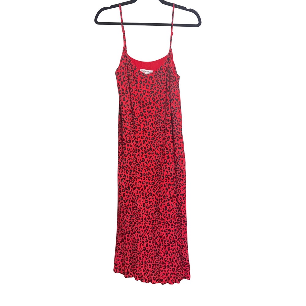 Charlie Holiday Leopard Print Midi Dress Red Slip Slit Rayon Size 6